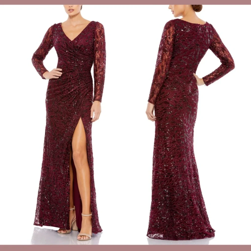 NWT $698 Mac Duggal‎ [ 16 ] Long Sleeve Ruched Sequined V Neck Gown Garnet Red